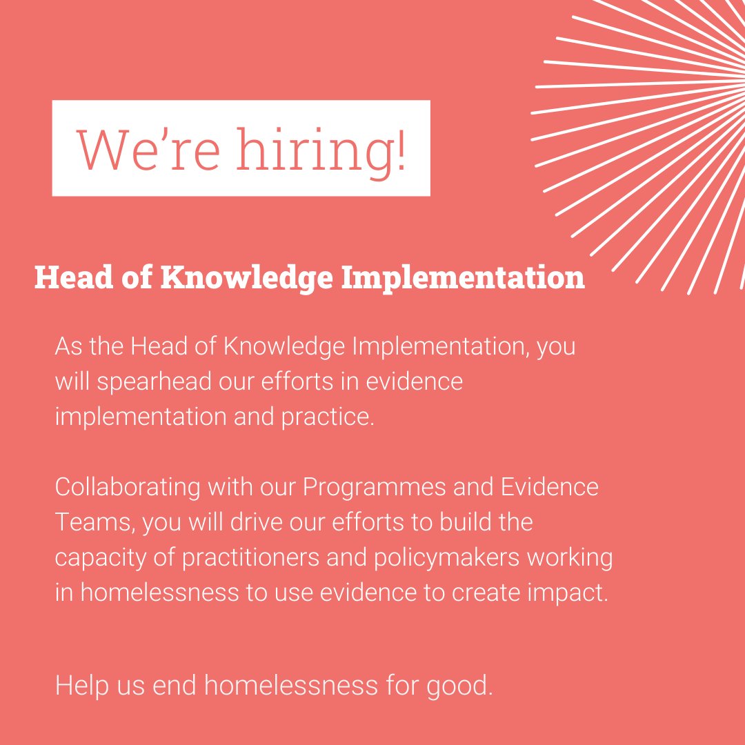 We are searching for a new Head of Knowledge Implementation! For more information on this exciting and crucial role at CHI follow the link below: homelessnessimpact.org/jobs/head-of-k…