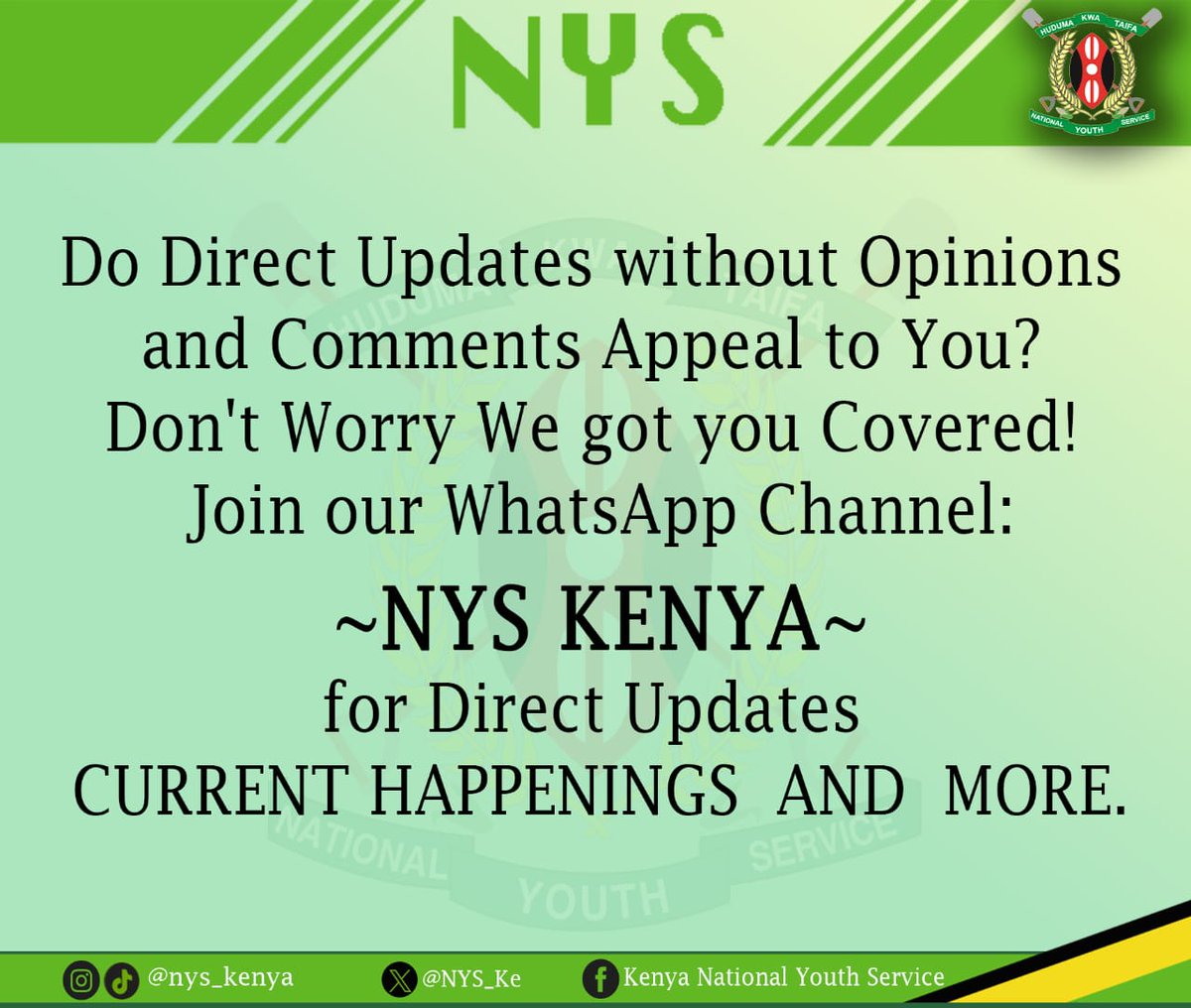 Join for updates and notable events. NYS KENYA WHATSAPP CHANNEL. Link: whatsapp.com/channel/0029Va…