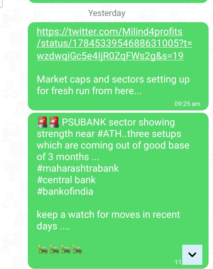 Had shared  three PSU stock setups in the learning app yesterday ...and see the results today :
#bankofindia up 3.52 % 
#central bank up 3.33 % 
#bankofmaharashtra  up 5.02% 
Sectoral Strength playing its part well ...dont miss such timely updates join the learning app 

🐢🐢🐢🐢