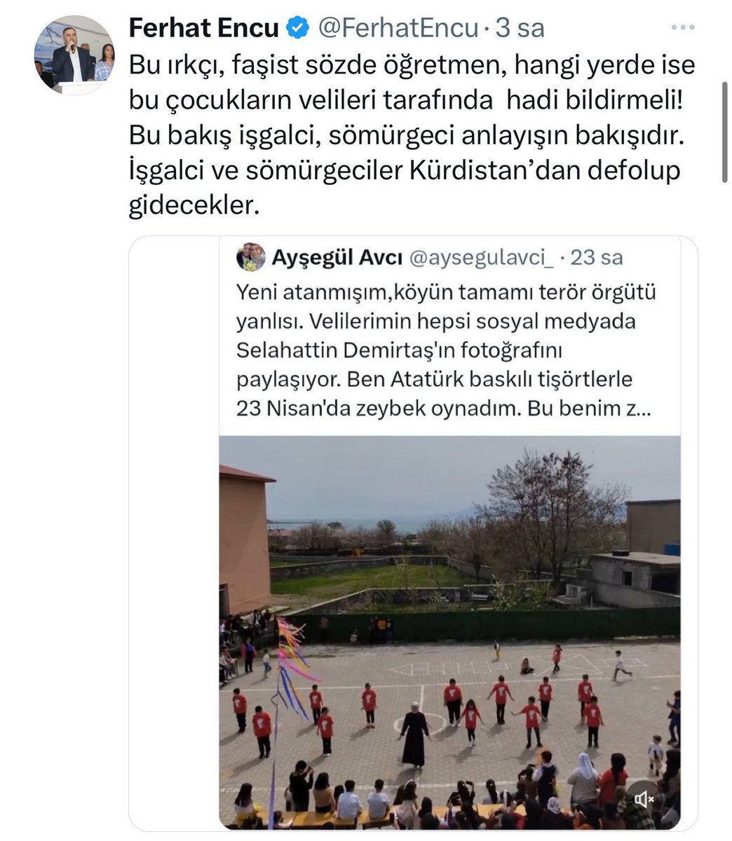 Ferhat Encü isimli PKK-DEM’li teröristin, öğrencilerine Atatürk baskılı tişört giydirdiği için hedef gösterdiği Ayşegül Avcı açığa alındı!
