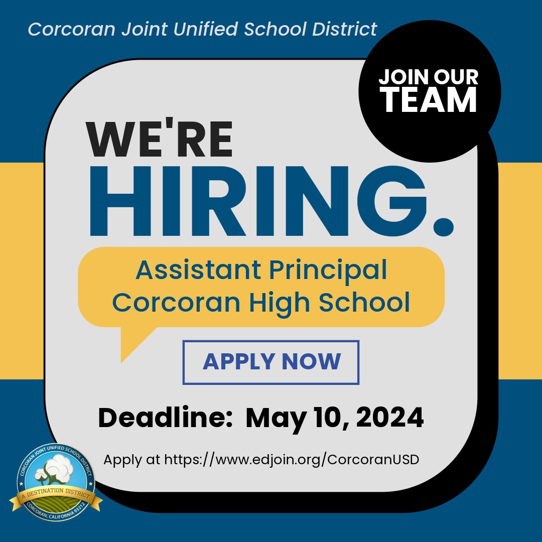 Come join our Corcoran Joint Unified team!  Apply at:  edjoin.org/Home/JobPostin…. Please share with your networks. @ACSA_info @CALSAfamilia