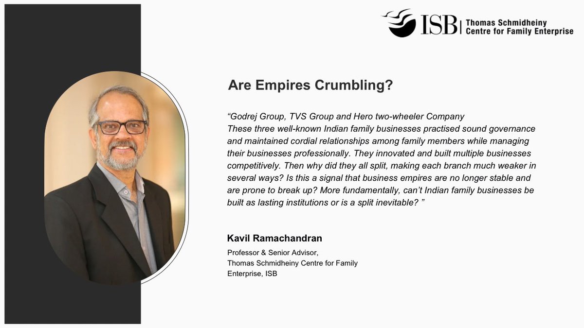 In an opinion piece, @RamKavil explores the pivotal question of whether Indian family businesses can endure as lasting institutions or succumb to inevitable fragmentation. Read the full article in the Financial Express here: tinyurl.com/yvsv3rsw
#ThS_CFE #familybusiness
