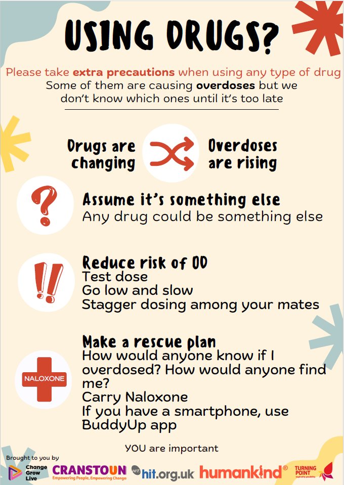 ⚠️ There have been tragic reports from Devon around an increase in overdoses due to contaminated heroin.

You are important. To ensure you stay safe as possible, please take extra precautions when using any type of drug. #EndOverdose #OverdoseAware

🧵1/4