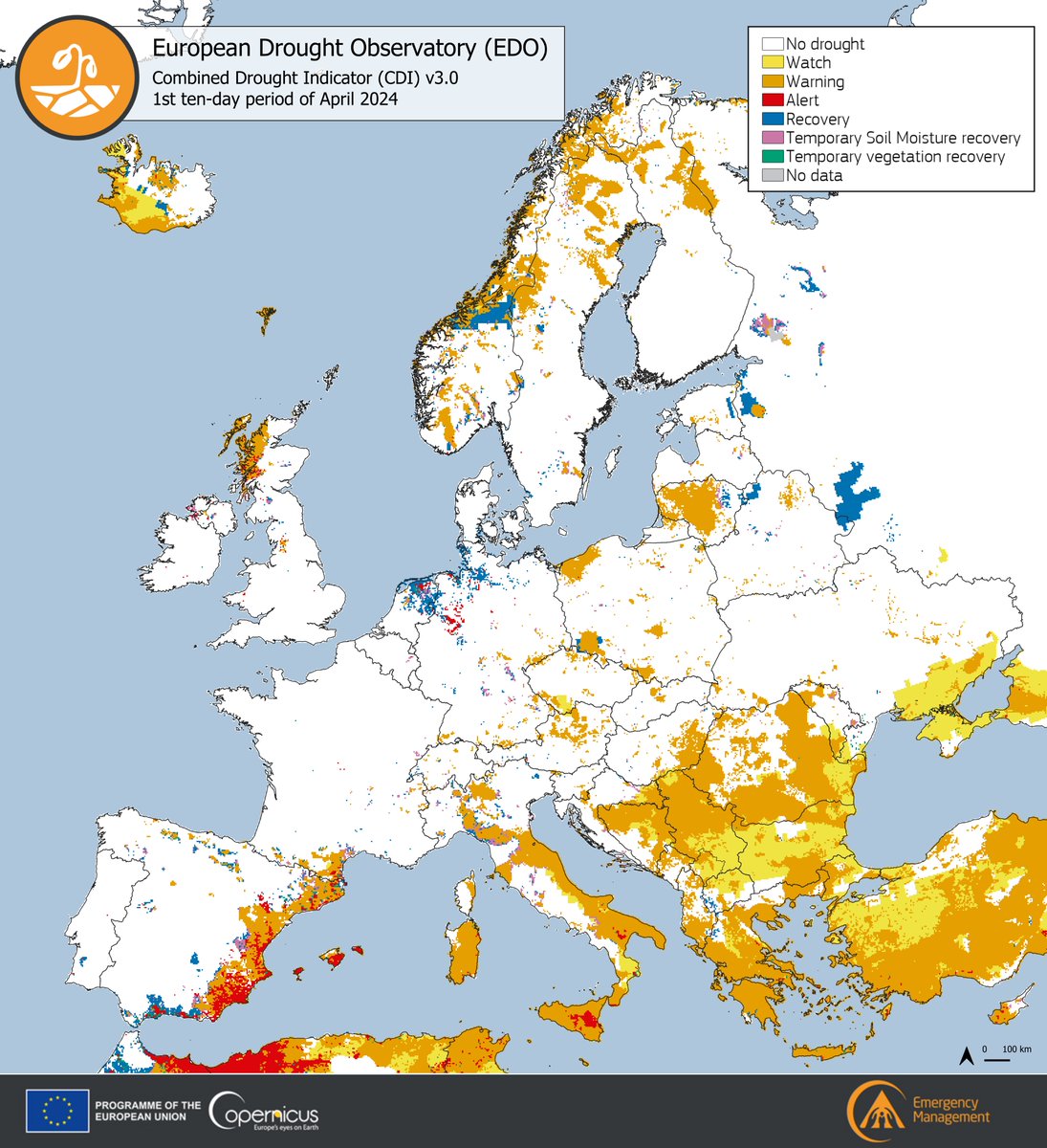 According to our latest #EDO CDI for the first ten-day period of April, #drought 🚱 conditions were persistent across southern Europe ➡️ Warning 🟠 and Alert 🔴 conditions were present over most of the #Mediterranean region More at👇 e.copernicus.eu/EDO_CDI