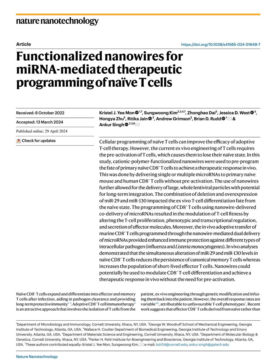 Programming of naïve T cells for superior adoptive T-cell therapy!! Thrilled to share our work @ Nature Nanotechnology @NatureNano! Great collab w/ Brian Rudd & Andrew Grimson. Kudos to 1st authors Kristel & Sungwoong, & Zhonghao!! Congrats to all authors! nature.com/articles/s4156…