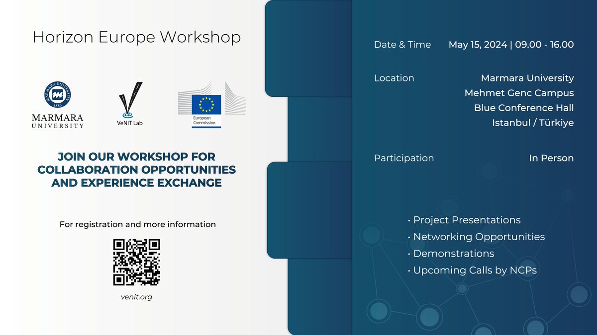 Horizon Europe Projeleri Çalıştayı! Etkinlik Programına buradan erişebilirsiniz: venit.org/v2x_workshop_3… Katılım ücretsiz olup, kayıt için lütfen tıklayınız: docs.google.com/forms/d/1NrEM3… @marmara1883 #horizoneurope #h2020 #researchanddevelopment #collaboration #networkingvvv