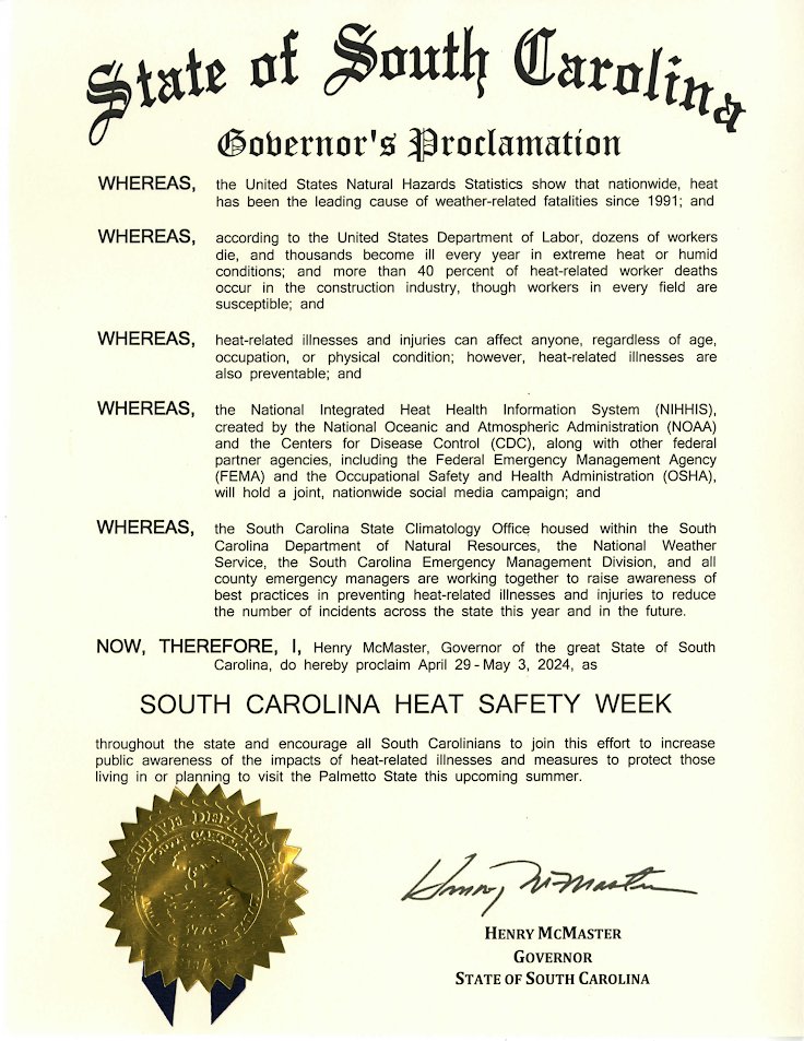 Welcome to South Carolina's Heat Safety Week! During the week of April 29 through May 3rd, the NWS offices covering the state of South Carolina will conduct a social media campaign to raise awareness and preparedness for the upcoming warm season. #scwx