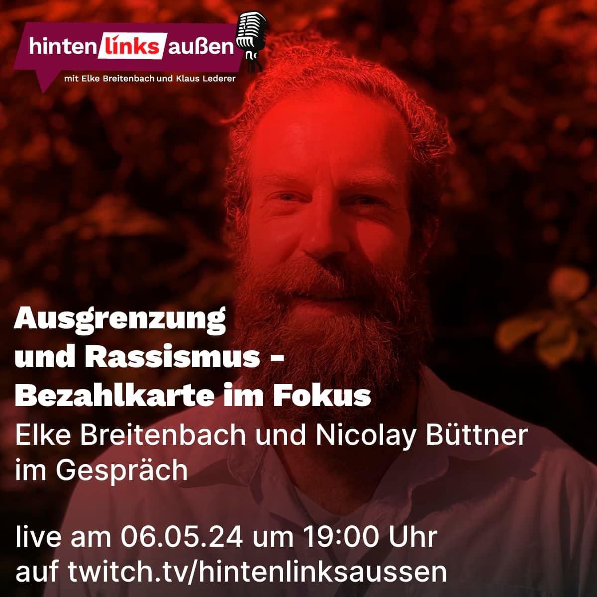 Über die Asylpolitik und die weitere Ausgrenzung durch die #Bezahlkarte diskutiere ich mit Nikolay Büttner vom BNS und der Seebrücke in der neuen Folge von „hinten links außen“ live auf Twitch. Alle Links zum Podcast findet ihr auf linktr.ee/hintenlinksaus…