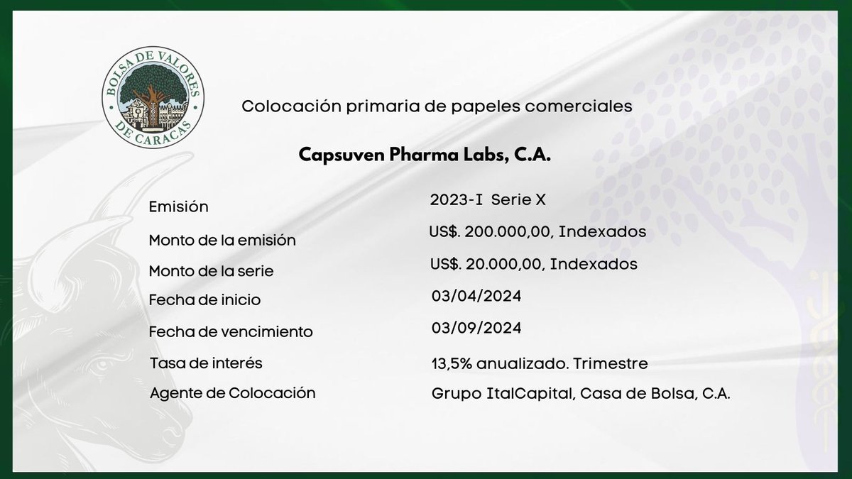La Bolsa de Valores de Caracas, en su carácter institucional de promover el mercado de valores de #RentaFija, informa sobre la colocación primaria de Papeles Comerciales al portador de la empresa Capsuven Pharma Labs, C.A.

🧑‍💻  bit.ly/3U0pwrg