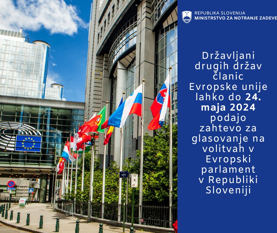 Državljani drugih držav članic 🇪🇺 lahko glasujejo na volitvah v Evropski parlament v 🇸🇮 Sloveniji, če: 👉 so na dan glasovanja so stari 1️⃣8️⃣ let, 👉 imajo prijavljeno prebivališče v Sloveniji, 👉 zahtevati morajo vpis v evidenco volilne pravice. ⤵️ gov.si/novice/2024-04…