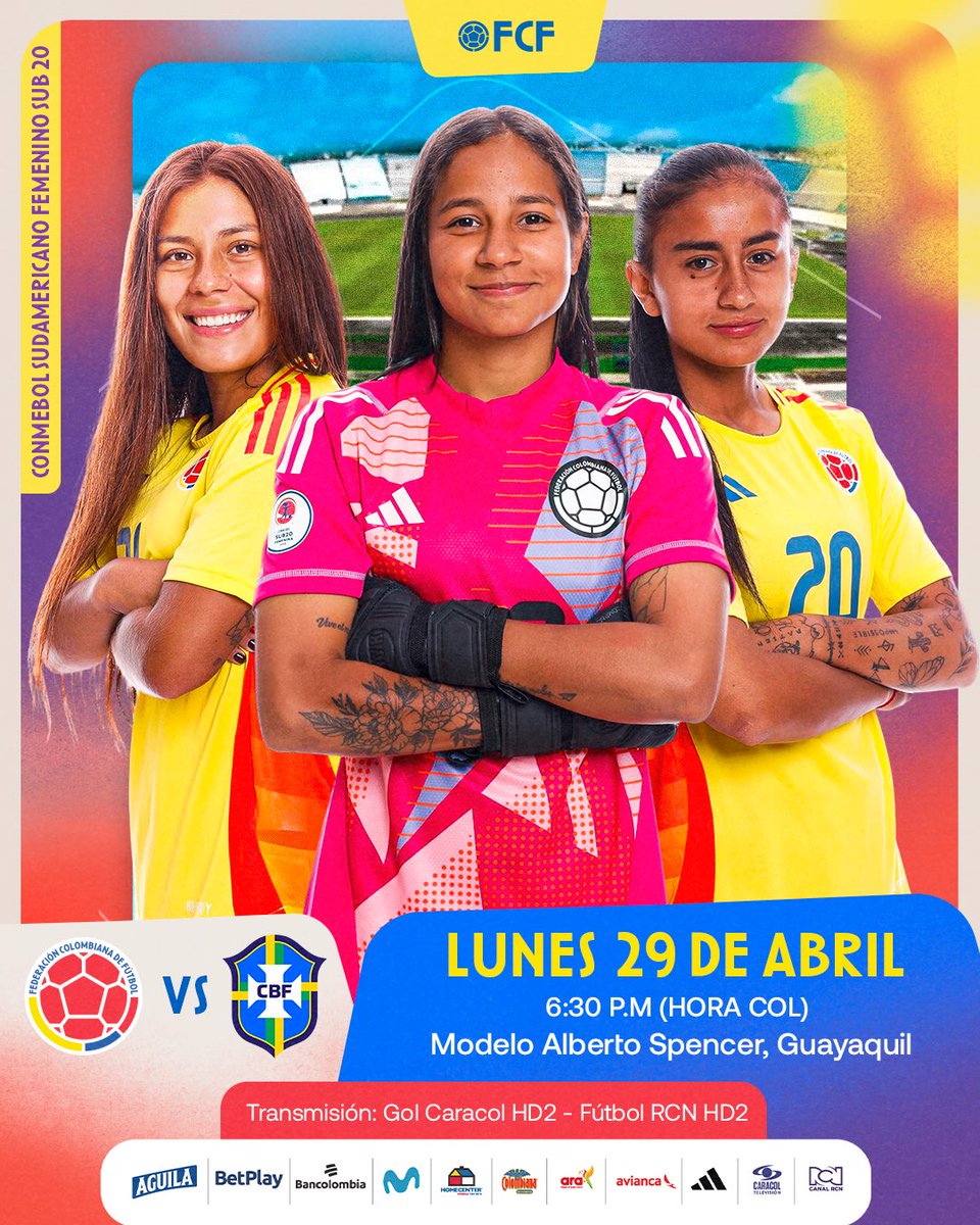 ¡𝙃𝙤𝙮 𝙟𝙪𝙜𝙖𝙢𝙤𝙨 𝙘𝙤𝙣𝙩𝙧𝙖 𝘽𝙧𝙖𝙨𝙞𝙡 🇧🇷!

🆚 🇧🇷
🗓 lunes 29 de abril
🕞 6:30 p.m. (hora COL)
🏟 Estadio Modelo Alberto Spencer, Guayaquil
🏆 Sudamericano CONMEBOL Femenino Sub 20
📺 @GolCaracol HD2 @CanalRCN HD2

#TodosSomosColombia🇨🇴
#LaFemeninaNosUne🇨🇴