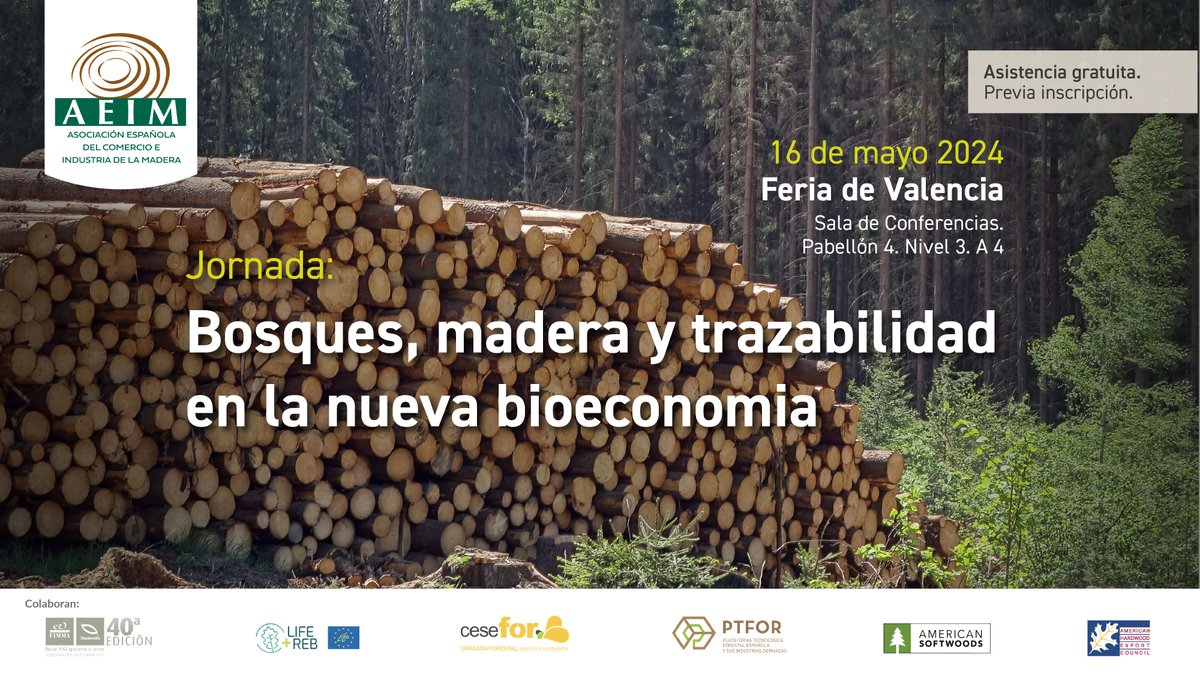 Jornada: Bosques, madera y trazabilidad en la nueva bioeconomia. Feria de Valencia. 16 de mayo. Acceso a programa e inscripción gratuita. Colaboran <a href="/FIMMA_MADERALIA/">FIMMA-MADERALIA</a> <a href="/FCesefor/">Fundación Cesefor</a> <a href="/LifeRebollo/">LifeRebollo</a> <a href="/PtforEs/">PTFOR</a>  <a href="/ahec_europe/">American Hardwood</a> <a href="/Southern_Pine/">SFPA</a> 
aeim.org/index.php/2024…