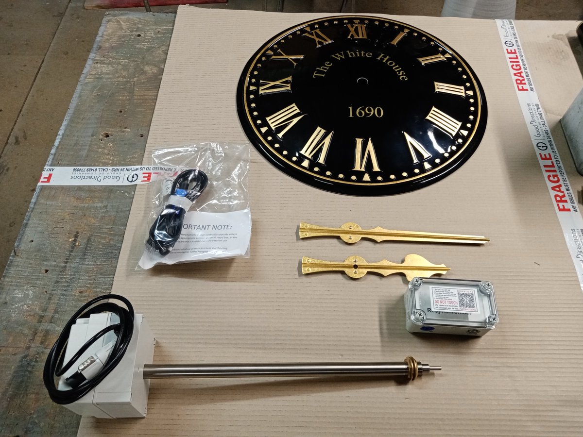 Traditional clock dial with bespoke sign writing and a clock mechanism with an extended shaft.

clockscupolasandweathervanes.co.uk/traditional-st…

#exteriorclocks #clocks #interiorclocks #mainspoweredclocks #finials #weathervanes #clocktowers #roofturrets #GRP #bespoke #signwriting #electricclocks