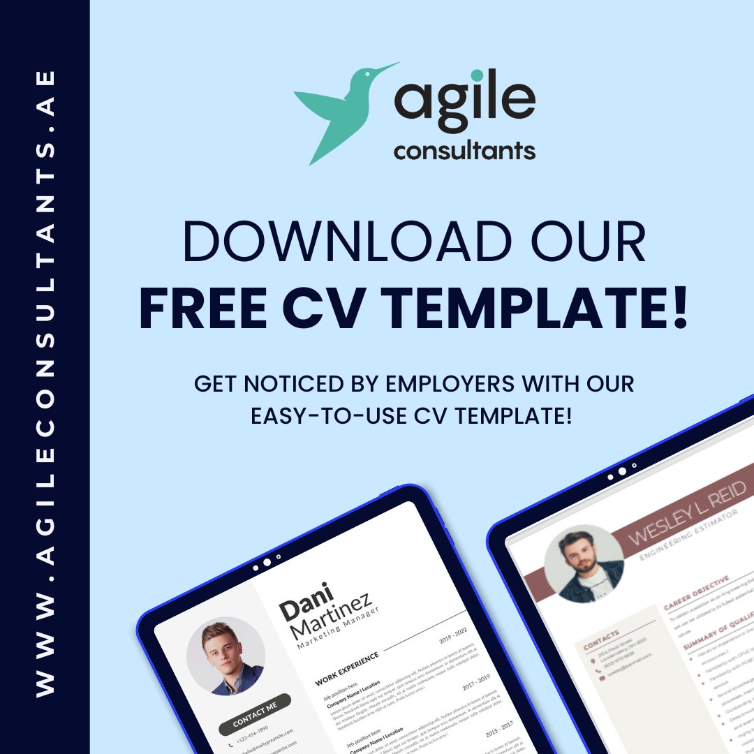 Begin preparing your CV using our free template! 
 
Download your copy here: agileconsultants.ae/download-our-f… 
 
#Jobs #JobSearch #CV #Resume #CVWriting #KeyPoints #AgileConsultants