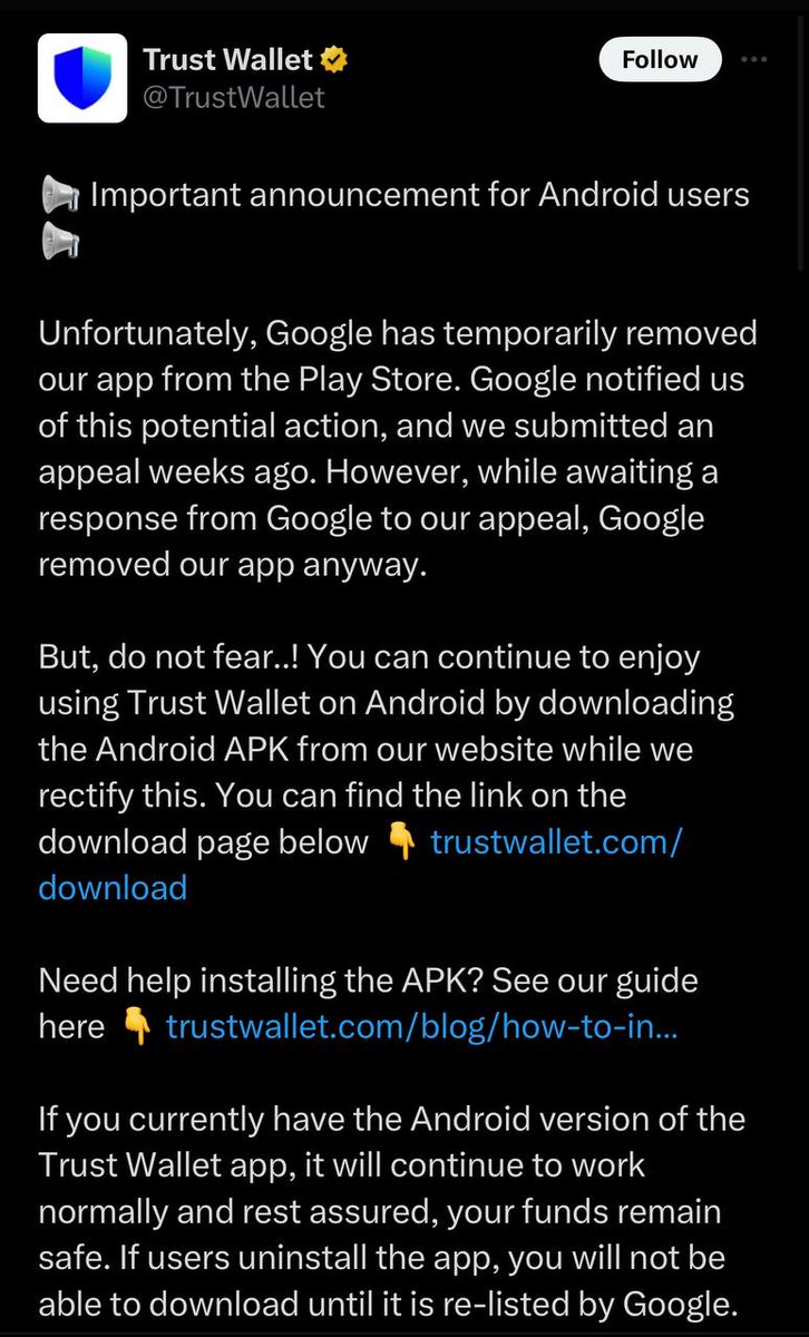 NEWS:
Google play removed #Trustwallet