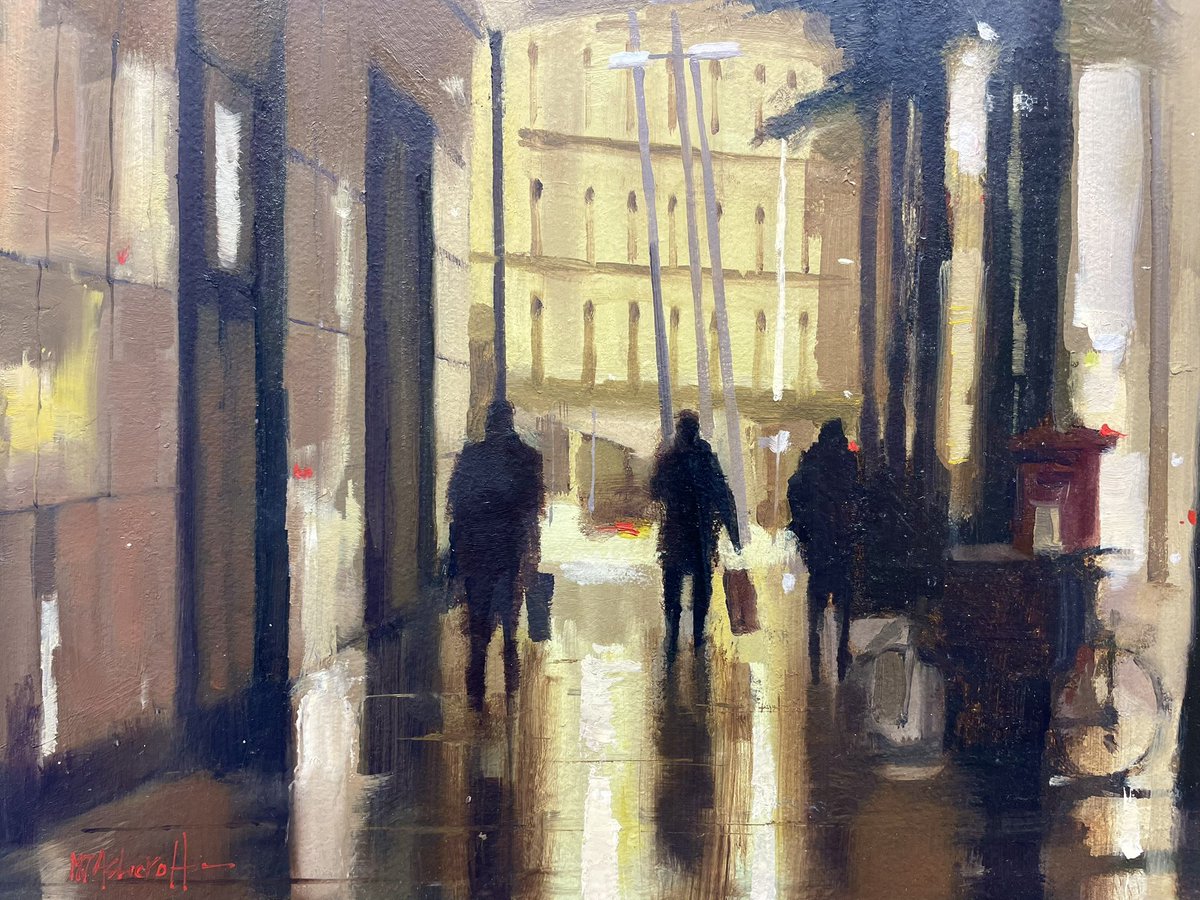 ‘Backlight, Manchester’ The walk through to Exchange Square Oil on board 7.5 x 11.5 New piece available via DM or my website, link in bio To see more of my work click the link in my bio or visit my website michaeljohnashcroft.com #mcr