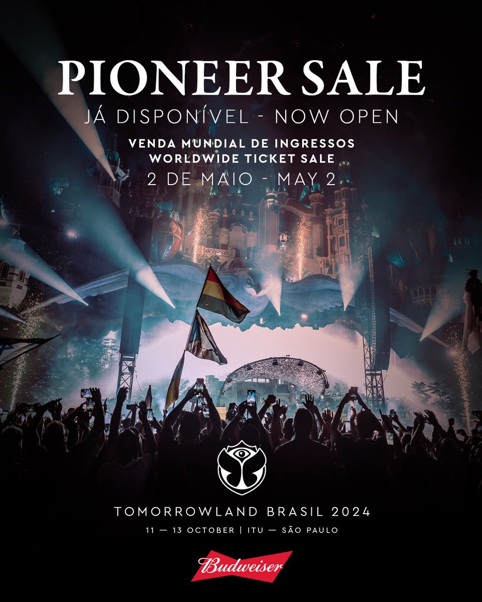 A Venda Pioneer para o Tomorrowland Brasil 2024 está aberta. Se você comprou qualquer tipo de ingresso para o Tomorrowland Brasil 2023, você já pode comprar ingressos antes da Venda Mundial. Clique no link em sua Tomorrowland Account para ter acesso à loja de ingressos.