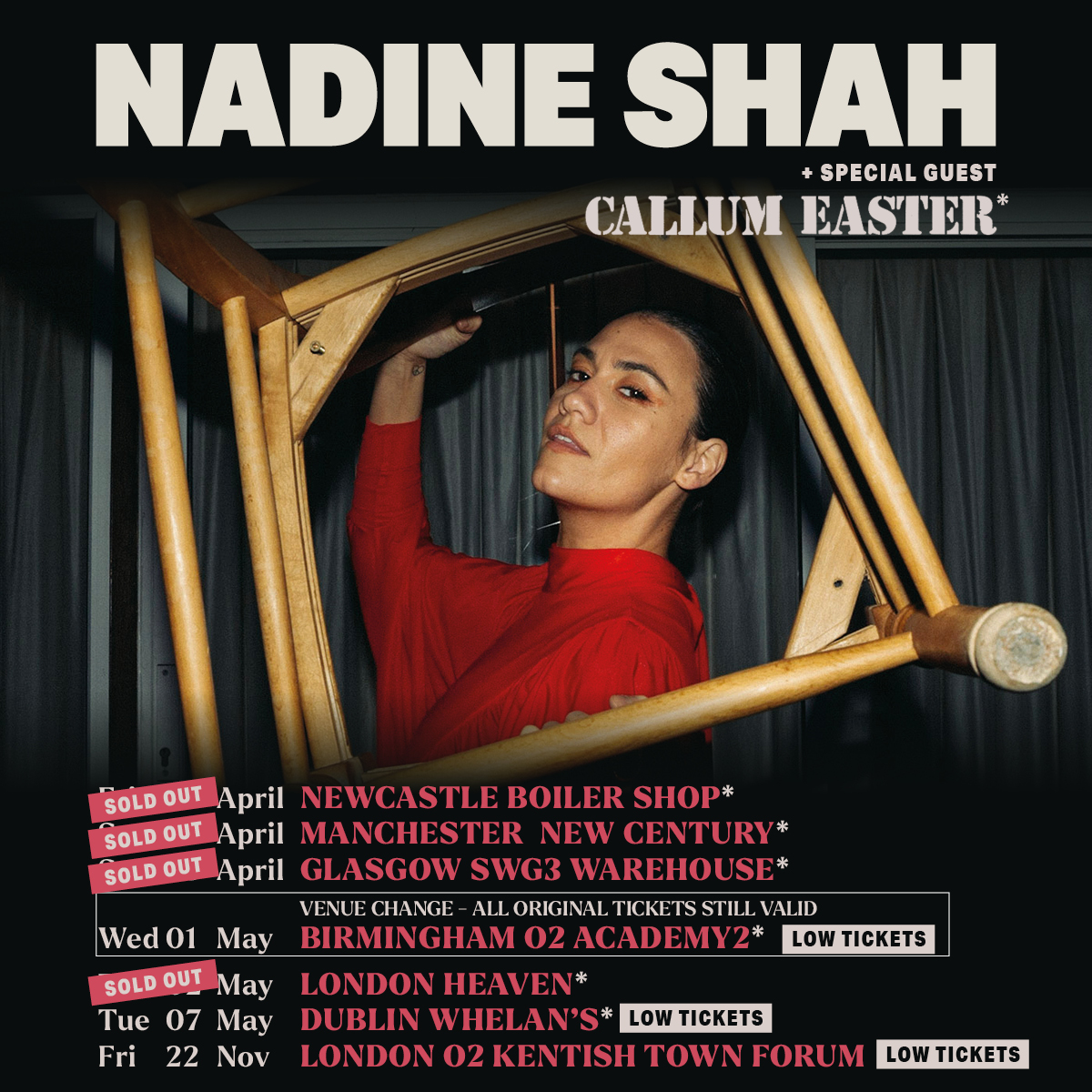 Due to unforeseen circumstances, Birmingham show is moving venue to – Birmingham O2 Academy 2. All original tickets valid for the new venue. See you there, Love Nadine x