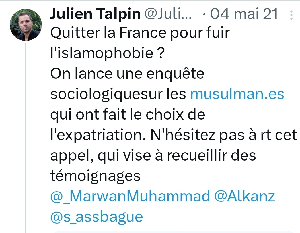 Donc pour donner de la matière à son bouquin, le chercheur au CNRS @JulienTalpin, a fait appel à l'ex directeur du CCIF dissout, Marwan Muhammad, qui truquait ses statistiques sur les actes 'islamophobes' pour les gonfler artificiellement.

Edifiant sur le désastre des SHS.