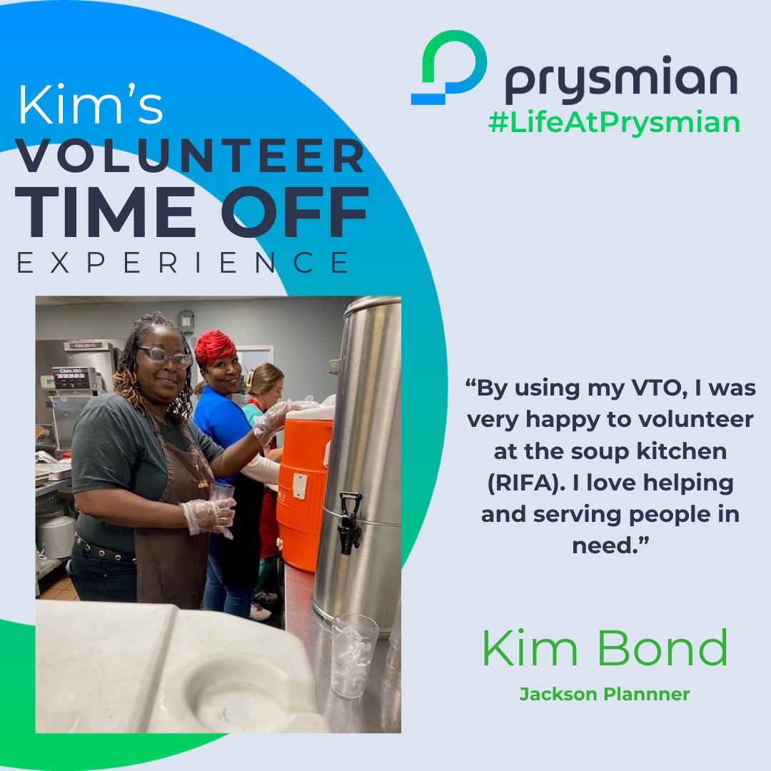 At Prysmian, we are proud of our people and the communities we serve. Our employees use paid volunteer time off (VTO) to participate in charitable work that supports, serves, or enriches their community. Kim Bond, Planner, uses her VTO hours with RIFA Soup Kitchen to serve…