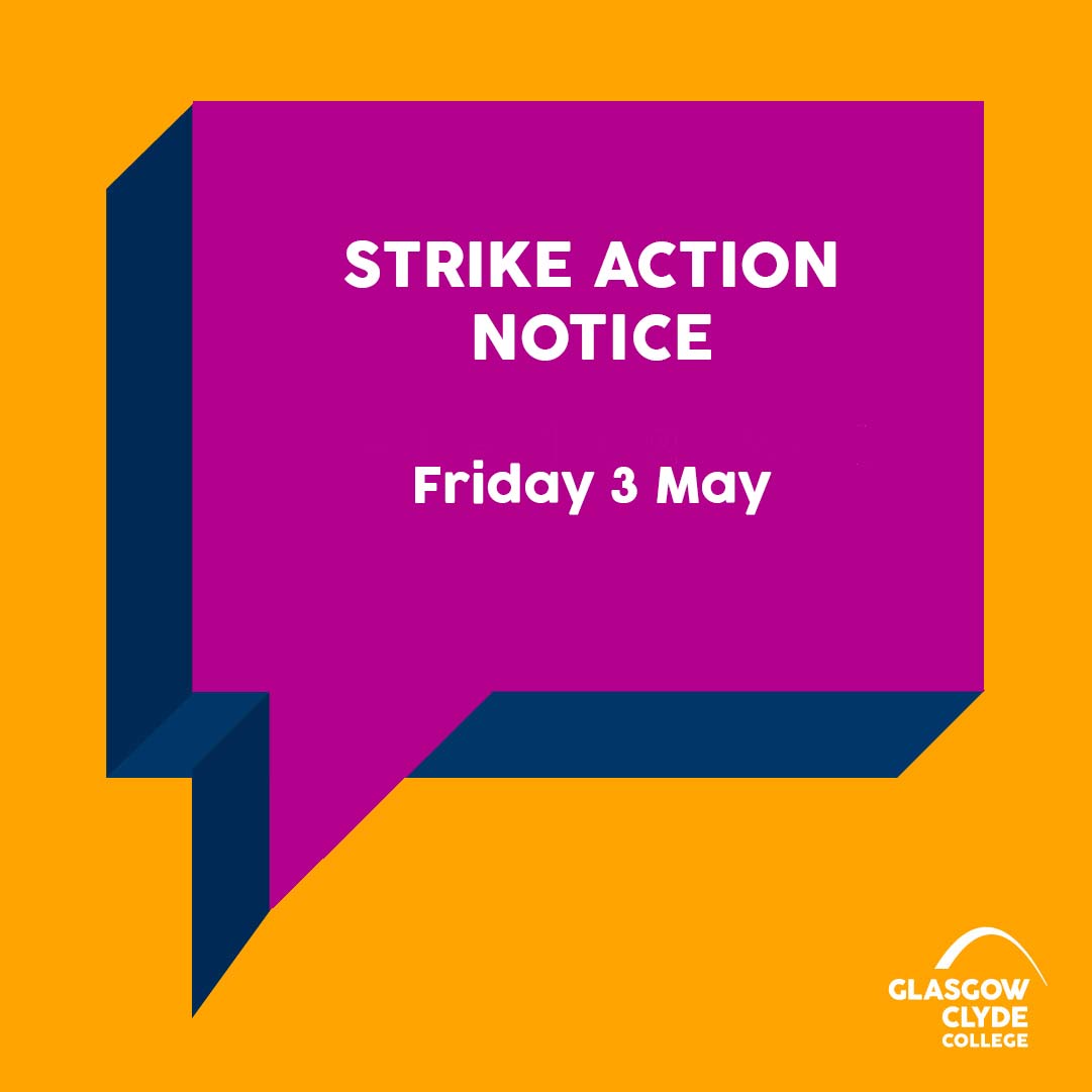 Due to ongoing national industrial strike action by EIS-FELA, there is likely to be significant disruption to day classes at our campuses on Fri 3 May. Your class may not run on this date unless you have been specifically told otherwise. More information➡️ bit.ly/3xQ0tOQ