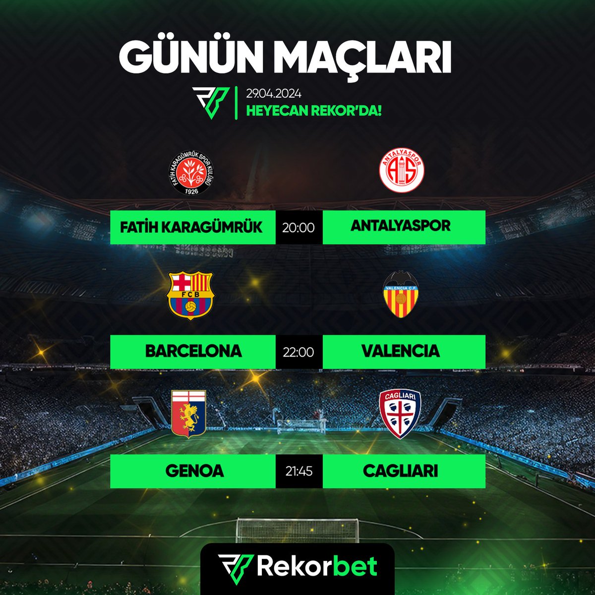 ⚽️ Rekorbet'te günün öne çıkan maçları sizleri bekliyor! 🚀 Tüm karşılaşmaları canlı izleyip, en yüksek oranlar ile kazanmanın keyfini çıkarın! 📲 Hemen oyna: t2m.io/rekorbet