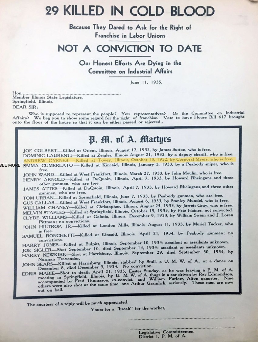 Extra IL coalfield history-May Day posts: The Coal Mine wars of the 1930’s had workers fighting workers (and National Guard) in service of mine owners. Tovey had very competitive men's soccer from 1916-1940’s. Tovey was where, Andrew Gyenes, became an early victim of the wars.