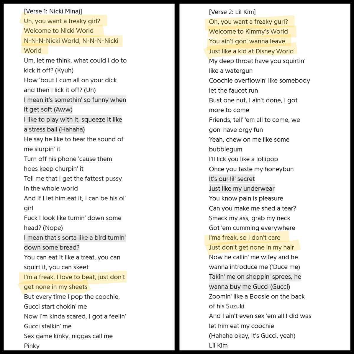 Gucci said he put Kim on it first too 🤣💪🏾 Nicki not only wasted two bars, she had to twist Kim's bars around because she couldn't think of a bar for that part herself 😭. One freak went on wifey shopping sprees, the other became known for sex. KIM ATE! #LilKim #NickiMinaj