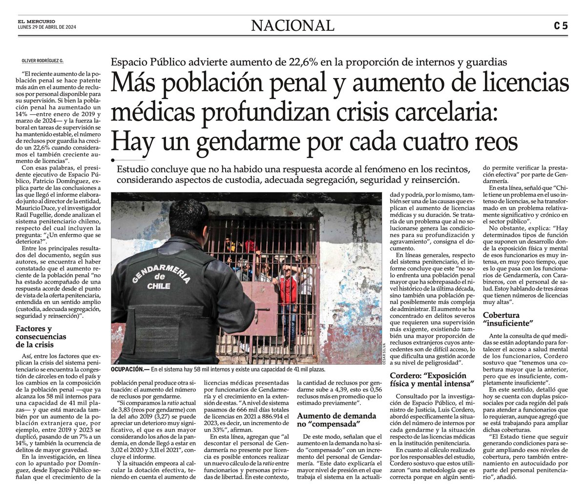 📰 Hoy @ElMercurio_cl destaca nuestro nuevo #InformeDeSeguridadEP, que aborda las múltiples causas que han profundizado la crisis del sistema penitenciario en Chile. 🧐 ¿Quieres saber más? Lee el informe completo aquí 👇🏽 espaciopublico.cl/nuestro_trabaj…