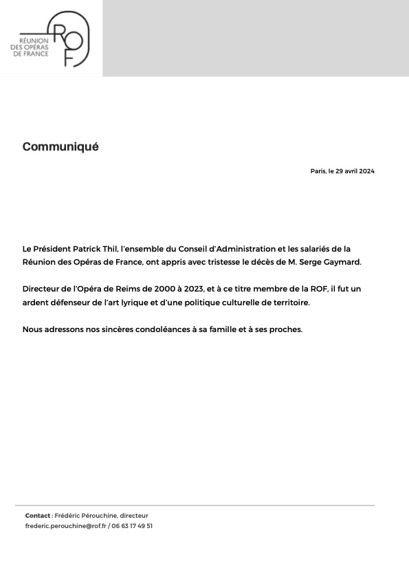 Communiqué de la Réunion des Opéras de France