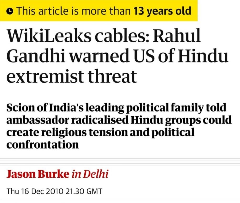2010 | The GUARDIAN
The erstwhile US Ambassador warned Rahul Gandhi of increasing activities of Lashkar-E-Taiyba in India.

Rahul replied: 'HINDU EXTREMIST groups could pose a greater threat to India than Muslim militants.'🤯

{Credit: .@navneetmishra99 }