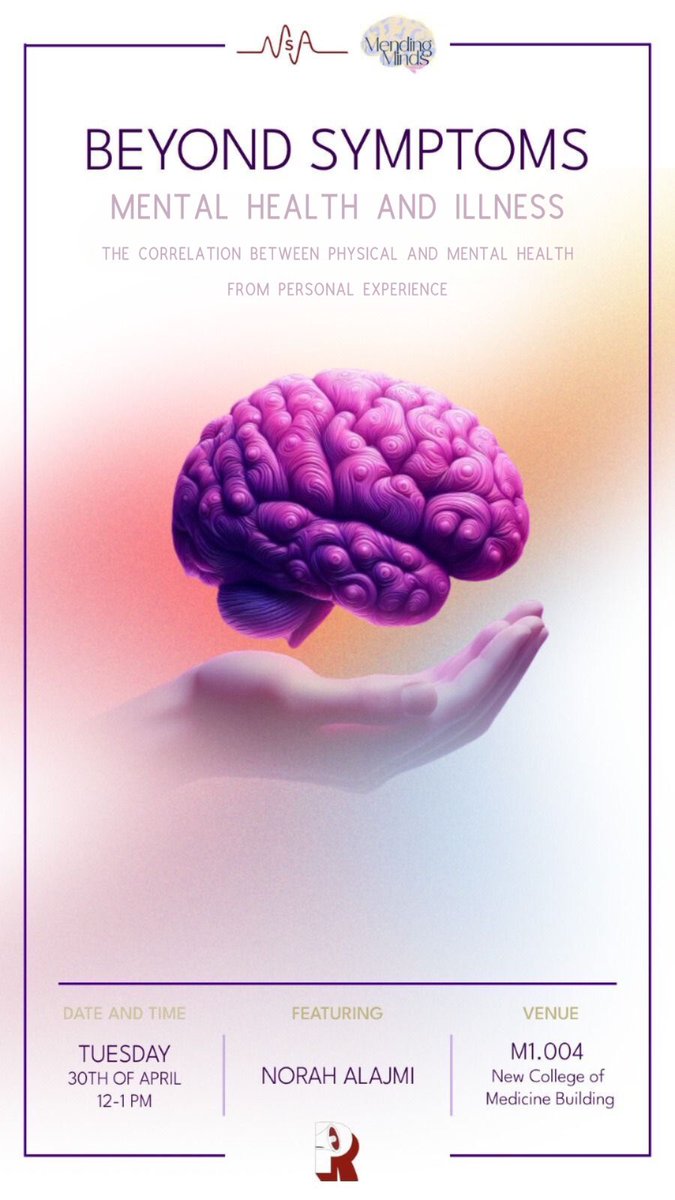 MSA_AU's tweet photo. Mending Minds 🗣️🧠 is thrilled to announce that we’ll be hosting another talk titled “Beyond Symptoms”, which will be given by Norah Alajmi, who will share invaluable insight into the connection between mental health and illness.

Norah's compassionate understanding and personal experience of how physical health impacts mental health will leave you inspired.

🗓️: Tuesday, April 30th, 2024
🕐: 12:00 – 1:00 PM
📍: M1.004 (New Medicine Building)
