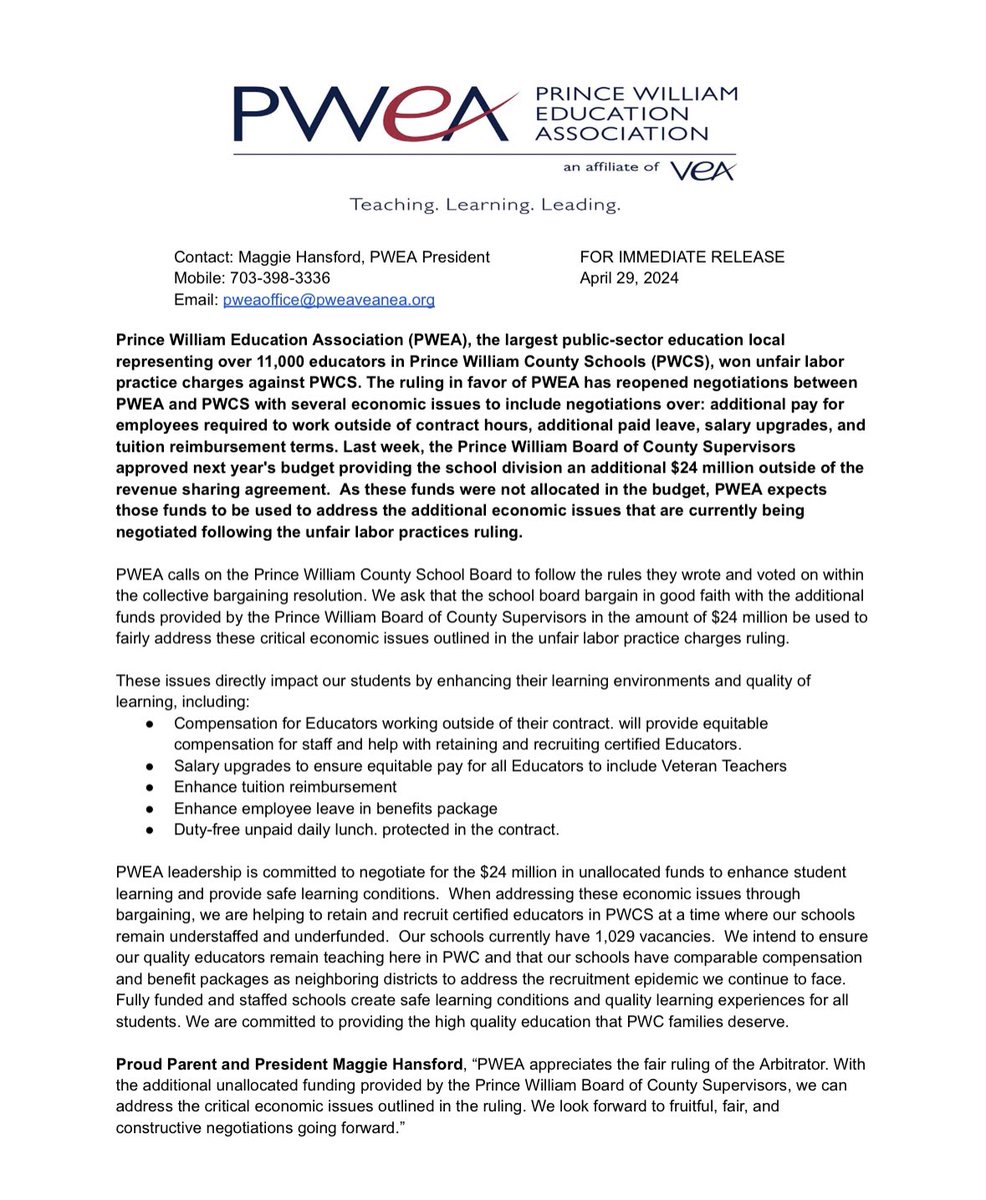 PWEA calls on the PWCS School Board to follow the rules they wrote and voted on within the collective bargaining resolution. We ask the SB bargain in good faith with the additional funds provided to fairly address these critical economic issues outlined in the ULP charges ruling.