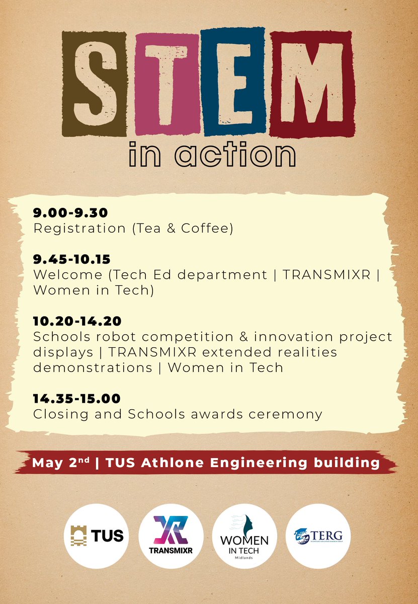 A #STEM in Action Showcase will take place in @TUS_Athlone_ with Midlands Women in Tech, highlighting STEM and robotics innovation in Midlands Schools, with demo's of the @TRANSMIXR Extended Reality for Media project #MidlandsICT #midlandsadvantage #futureskills