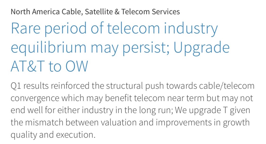 Barclays upgrades $T (yes, AT&T!) to Overweight “AT&T has been gradually transforming into a steadier execution story, but its valuation continues to be weighed down by legacy investor perceptions. Along with our strong expectations, this provides a unique window of opportunity”