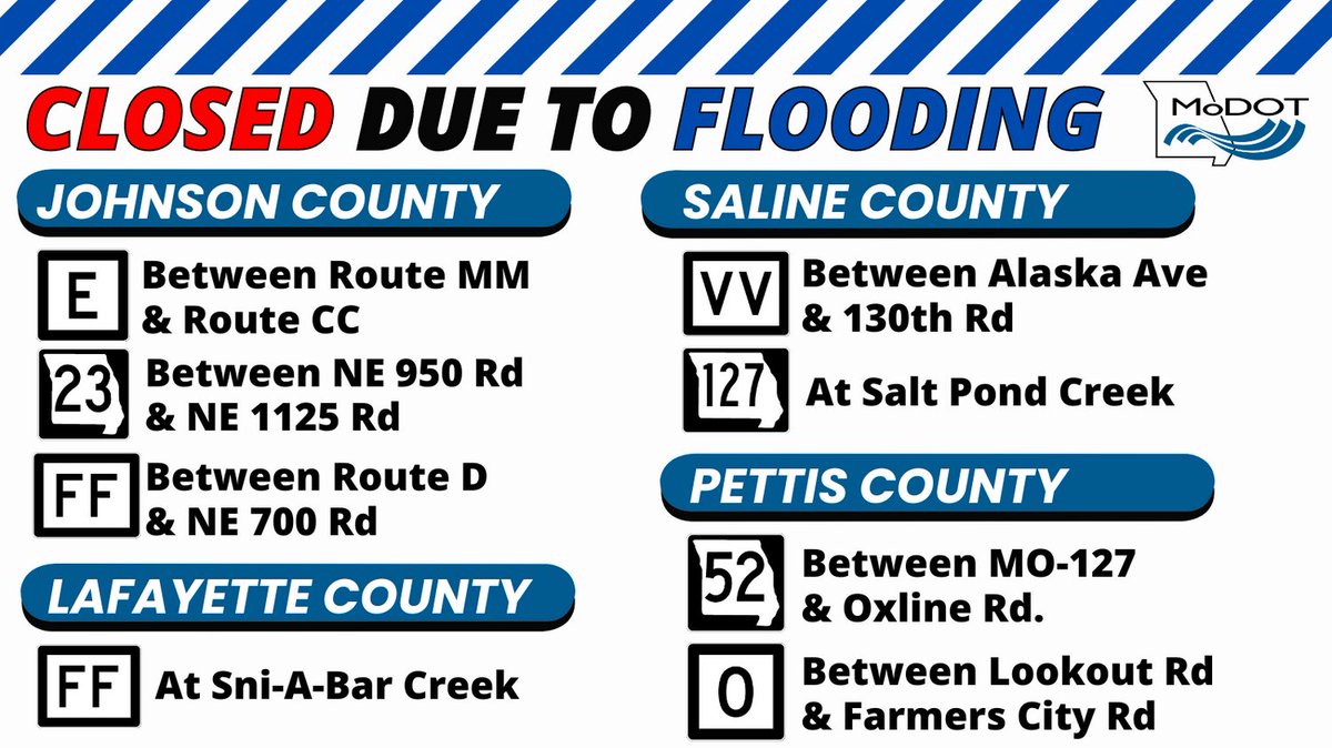 CLOSURES DUE TO FLOODING (Johnson, Lafayette, Saline, and Pettis Counties): Check the MoDOT Traveler Information Map to see the latest closures. Link: traveler.modot.org/map/ #kctraffic