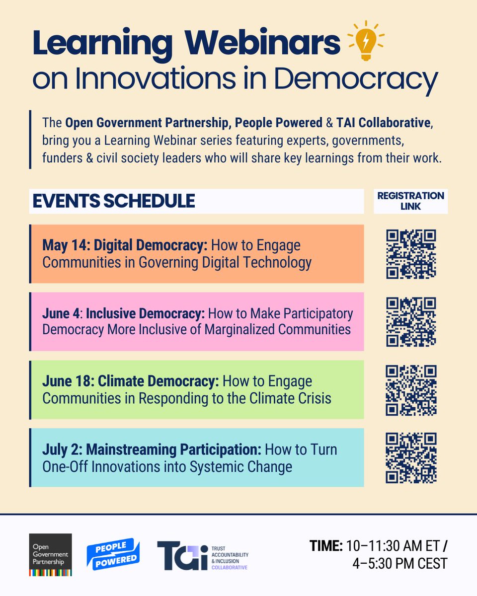 🗓️ Mark your calendars for a new webinar series co-hosted by OGP, <a href="/PeoplePowrd/">People Powered</a> &amp; <a href="/TAICollab/">Trust, Accountability & Inclusion Collaborative</a> on innovations in #democracy!

Hear from experts as they share groundbreaking approaches and programs shaping the future of democracy and more.

Register below. 👇
peoplepowered.org/news-content/i…