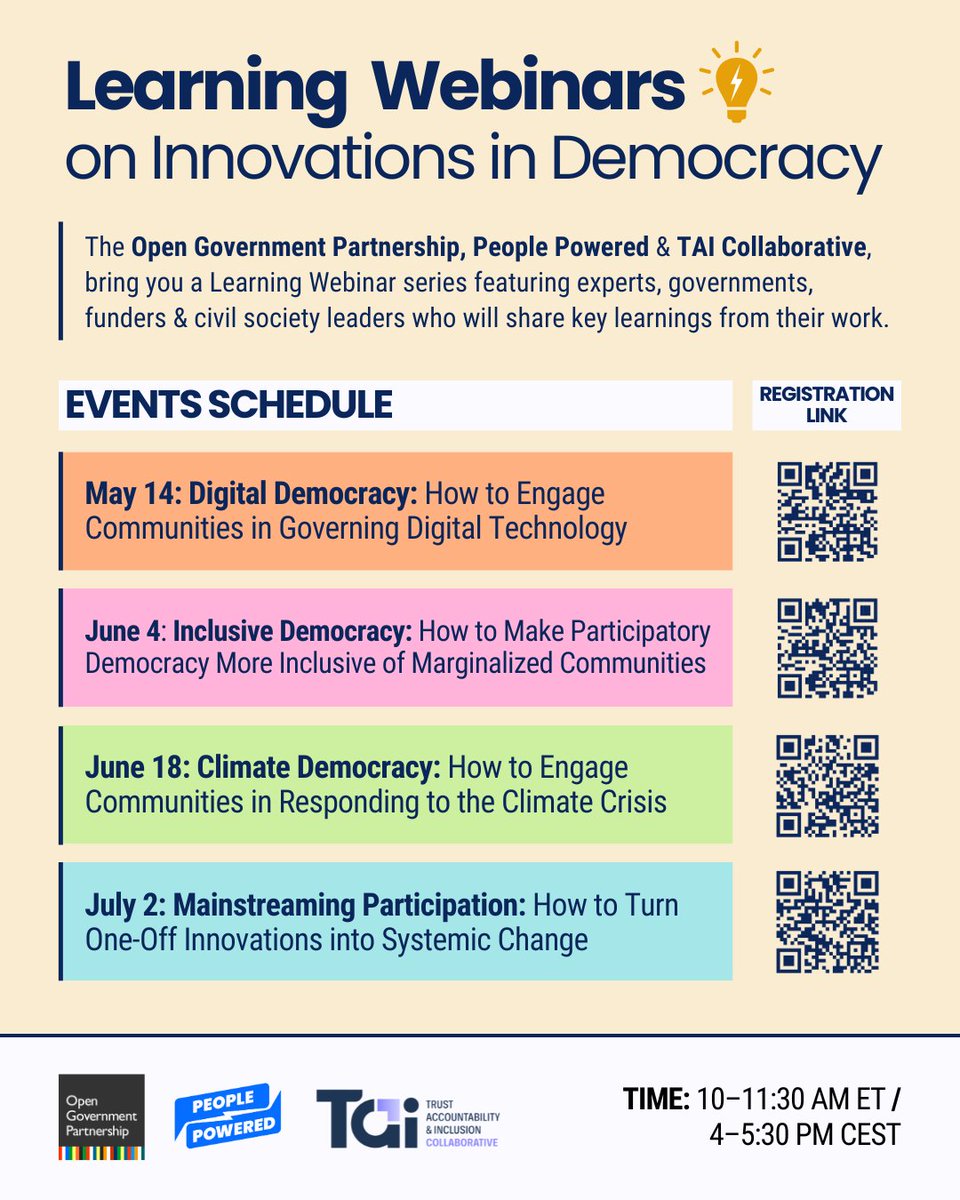 🗓️ Mark your calendars for a new webinar series co-hosted by OGP, @PeoplePowrd & @TAICollab on innovations in #democracy! Hear from experts as they share groundbreaking approaches and programs shaping the future of democracy and more. Register below. 👇 peoplepowered.org/news-content/i…