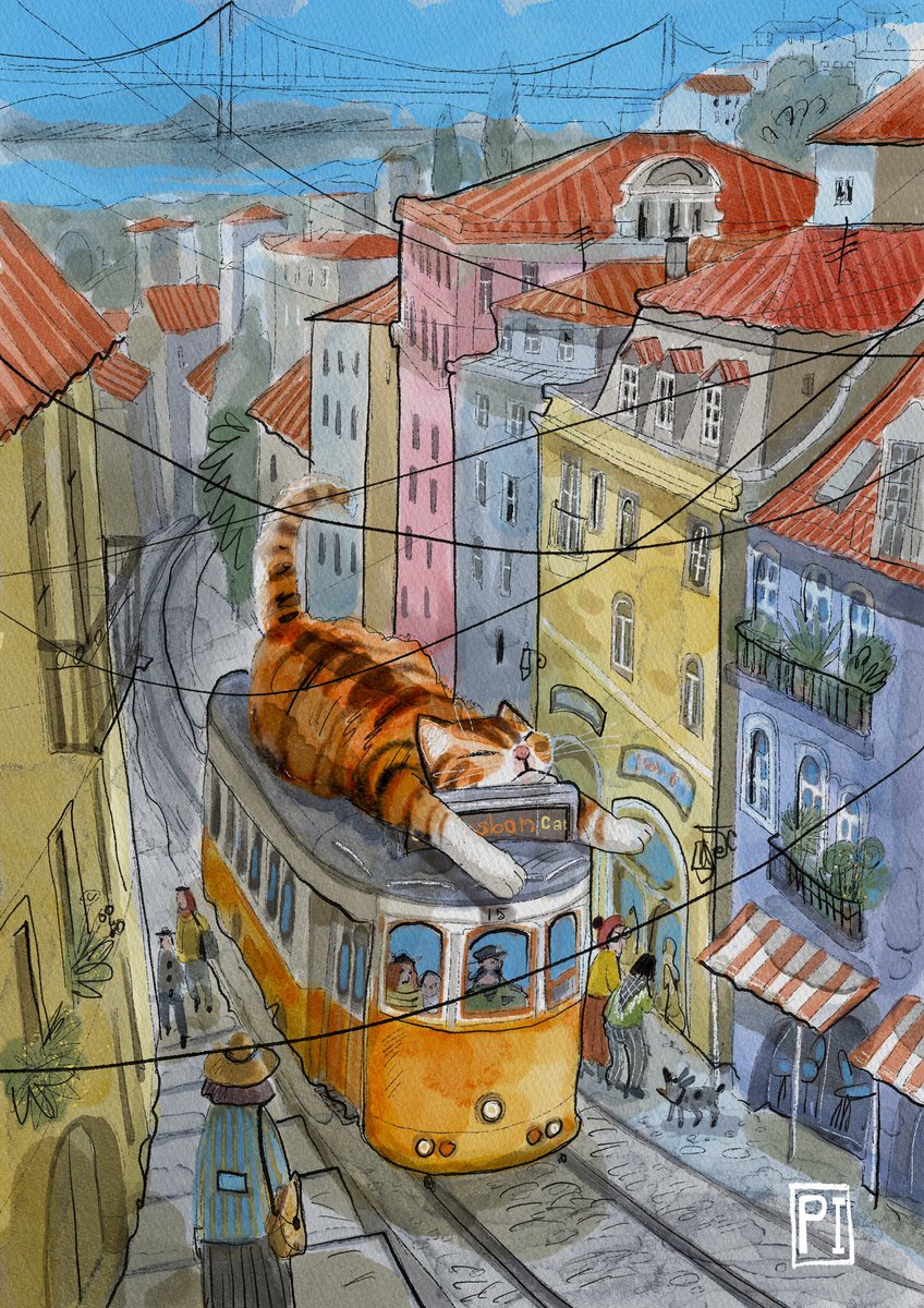 Iryna_Potapenko's tweet photo. #Portugal is very sunny. This #cat operates like a solar panel and charges the tram. A flawless type of electricity. #potapenko_iryna_illustrator https://t.co/h9X6Y3AG5h