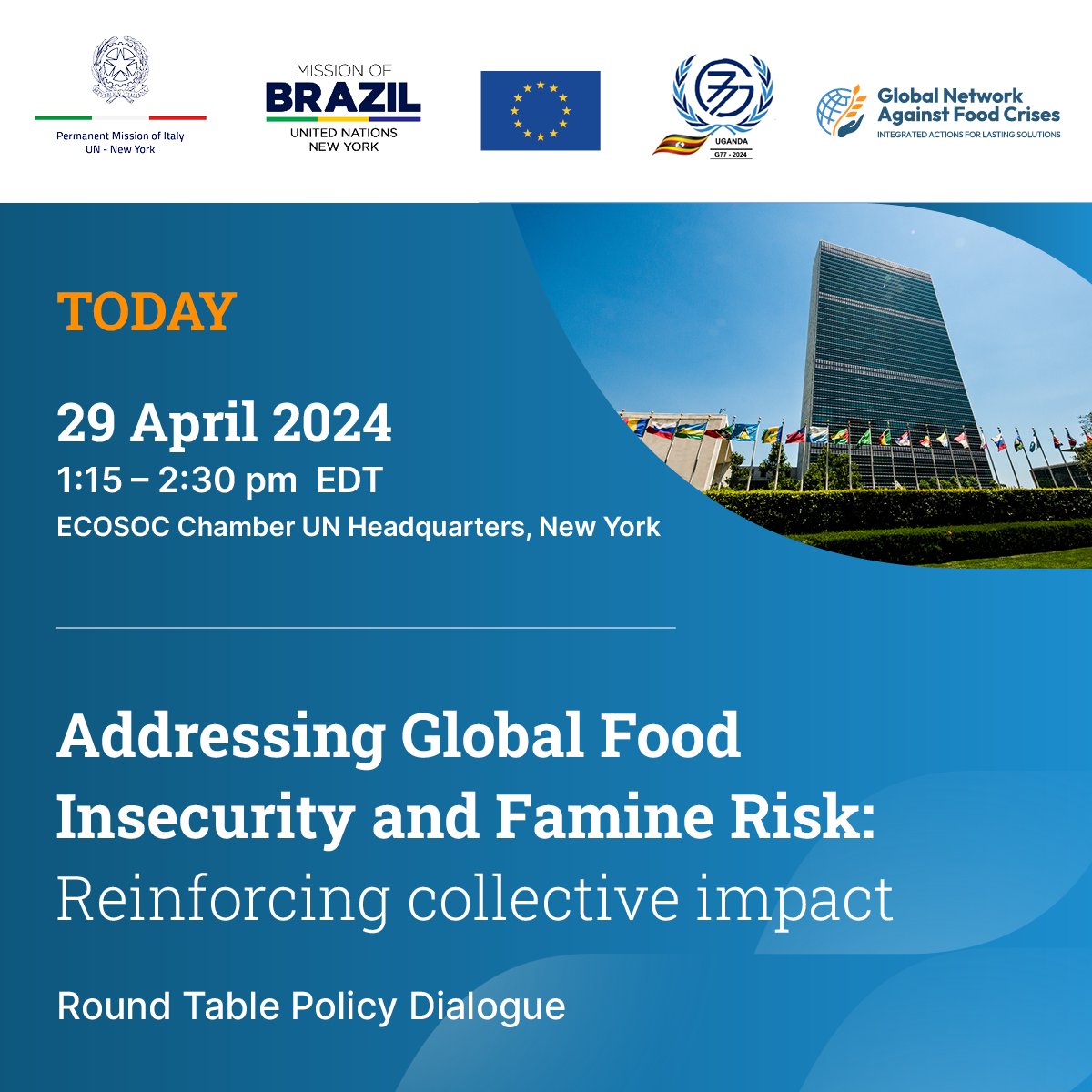 Don't miss it! ➡ TODAY, 1:15-2:30 p.m. EDT at @UN ECOSOC Chamber 💡Addressing Global Food Insecurity and Famine Risk: Reinforcing collective impact - A Round Table Policy Dialogue Event Information 🔗bit.ly/3UwPh2t Tune in live with UN Web TV 🔗bit.ly/3wcQy5z