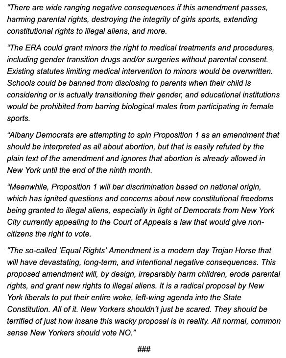 The Dems jammed their entire left-wing agenda on this November’s ballot in NY. Their so-called 'Equal Rights Amendment' would advance their efforts to destroy girls' sports, erode parental rights, give new rights to illegal aliens, and much more. Vote NO! My full statement: ⬇️