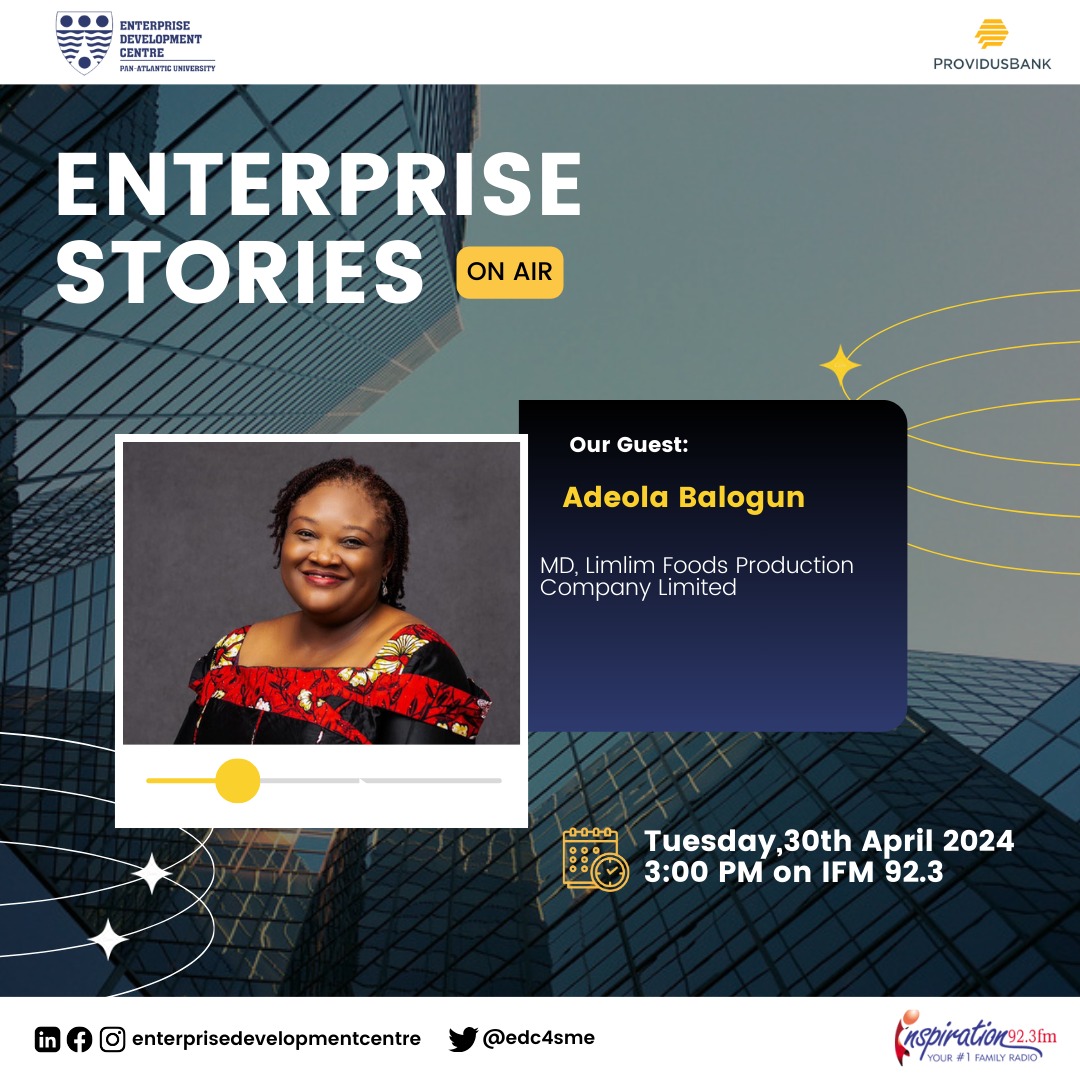 Join us on April 30th at 3:00 pm on Inspiration FM 92.3 for an insightful session with Adeola Balogun (MD, Limlim Foods). Tune in @ifm923lagos or for valuable insights. Brought by @enterprisedevelopmentcentre in collaboration with @providusbankig. #enterprisestories