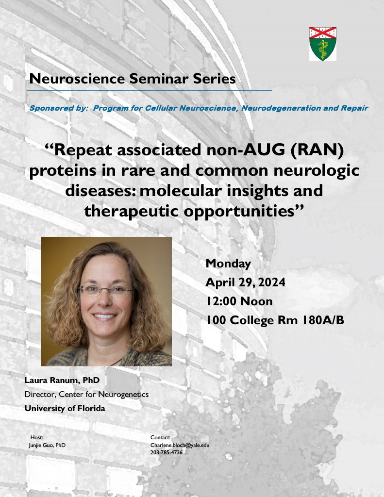 Join us today at noon 🕛 for @UF's Laura Ranum's talk on 'RAN Proteins in Rare and Common Neurologic Diseases!' 🔬🧬 A big thank you to @guo_lab (Junjie Guo) for hosting and CNNR for sponsoring 🙌 We hope to see you there!