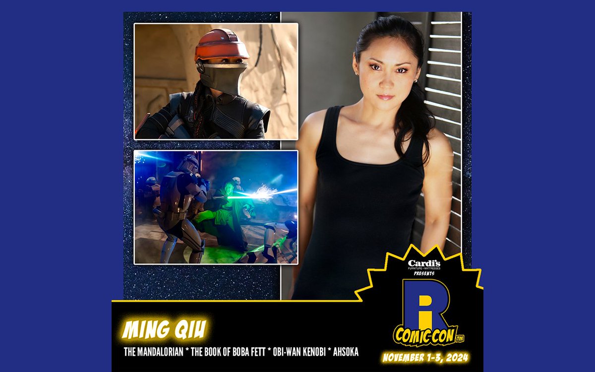 She's a wushu master and stuntwoman who served as a stunt double for Fennec Shand in The Mandalorian and The Book of Boba Fett. She also appeared as Jedi Master Minas Velti in Obi Wan Kenobi. Please welcome Ming Qiu to #RICC2024! #StarWars #stuntwoman