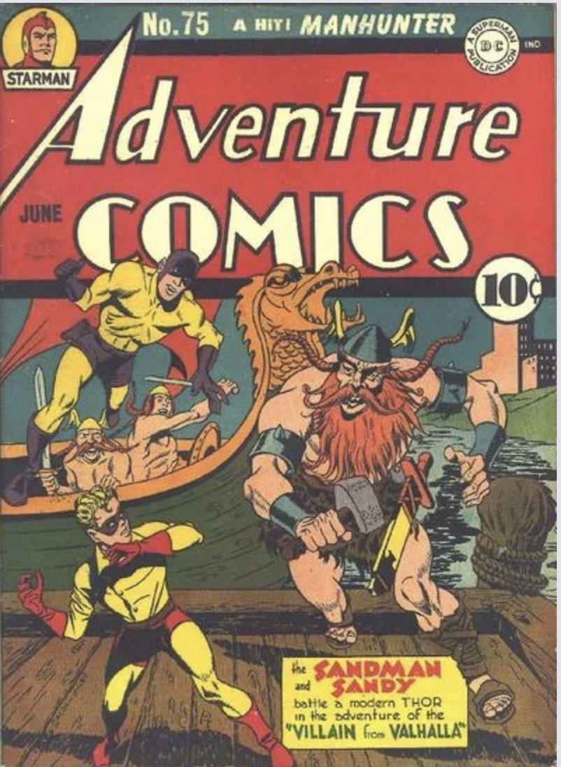 On #ThisDayInSupervillainHistory 
80 years ago in Adventure Comics #75, former college professor turned gangster 'Fairy Tales' Fenton dressed up as Thor and attacked NYC with his viking-themed accomplices.  41 years later, the Ultra-Humanite confiscated his hammer.