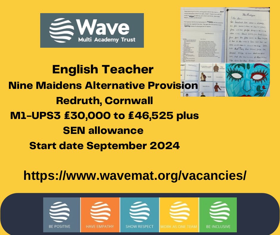 #hiringnow Opportunity to join Wave as an English Teacher at Nine Maidens AP Academy in Redruth Cornwall. Find out more information about the vacancy here: wavemat.org/available-vaca… Follow Nine Maidens on X: @Nine_MaidensAPA #teachingjobs #ThisisAP #English