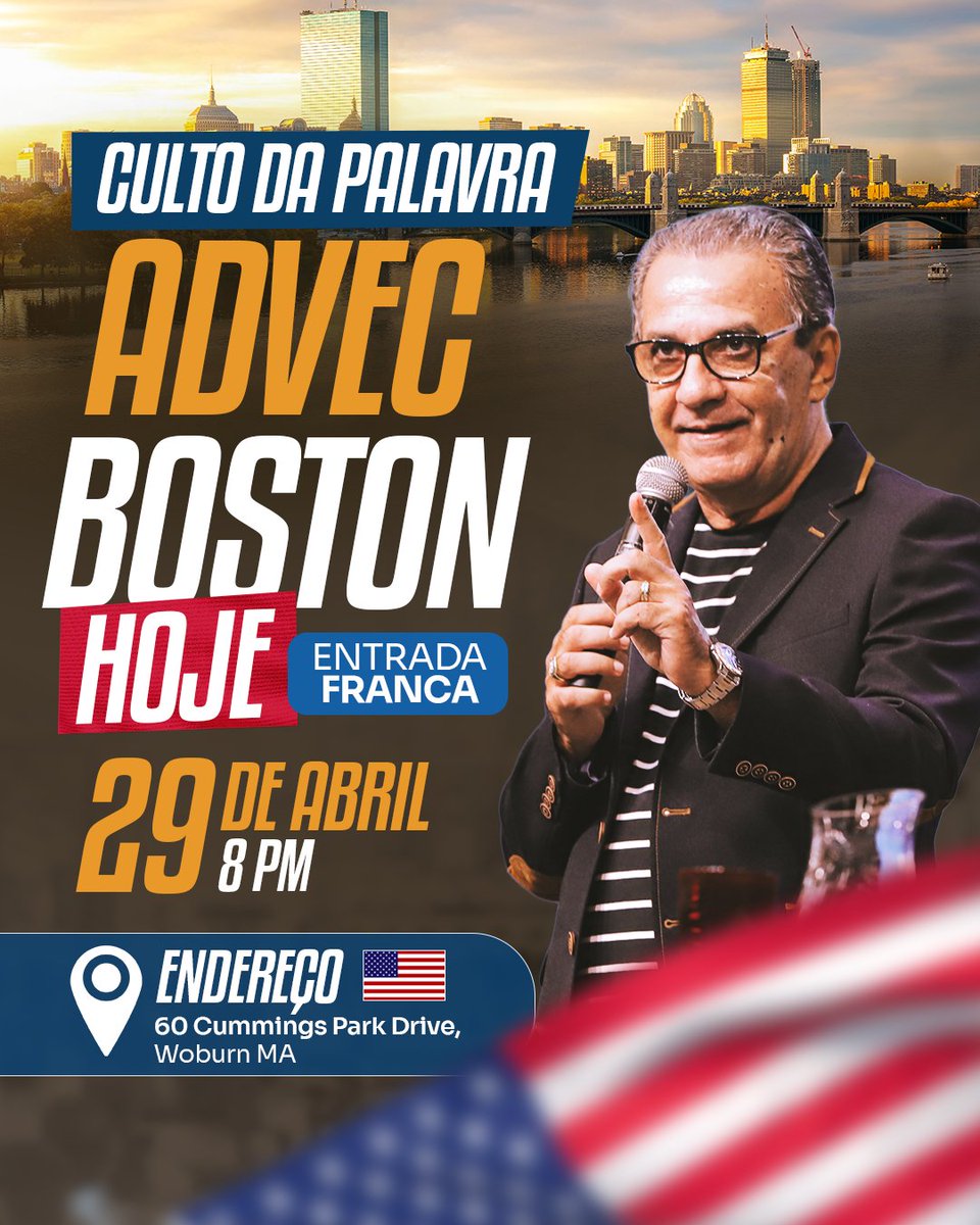 Povo abençoado de Boston, hoje, dia 29, às 8pm, eu vou ministrar no Culto da Palavra na ADVEC Boston. Divulgue e participe! Novo endereço: 60 Cummings Park Drive, Woburn MA