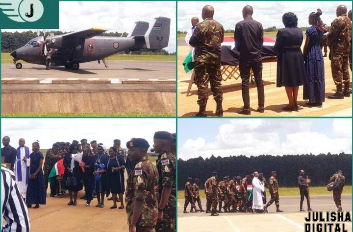 Colonel David Sawe landed at Eldoret International Airport. The KDF officer will be laid to rest in his home in Sarora, Nandi.