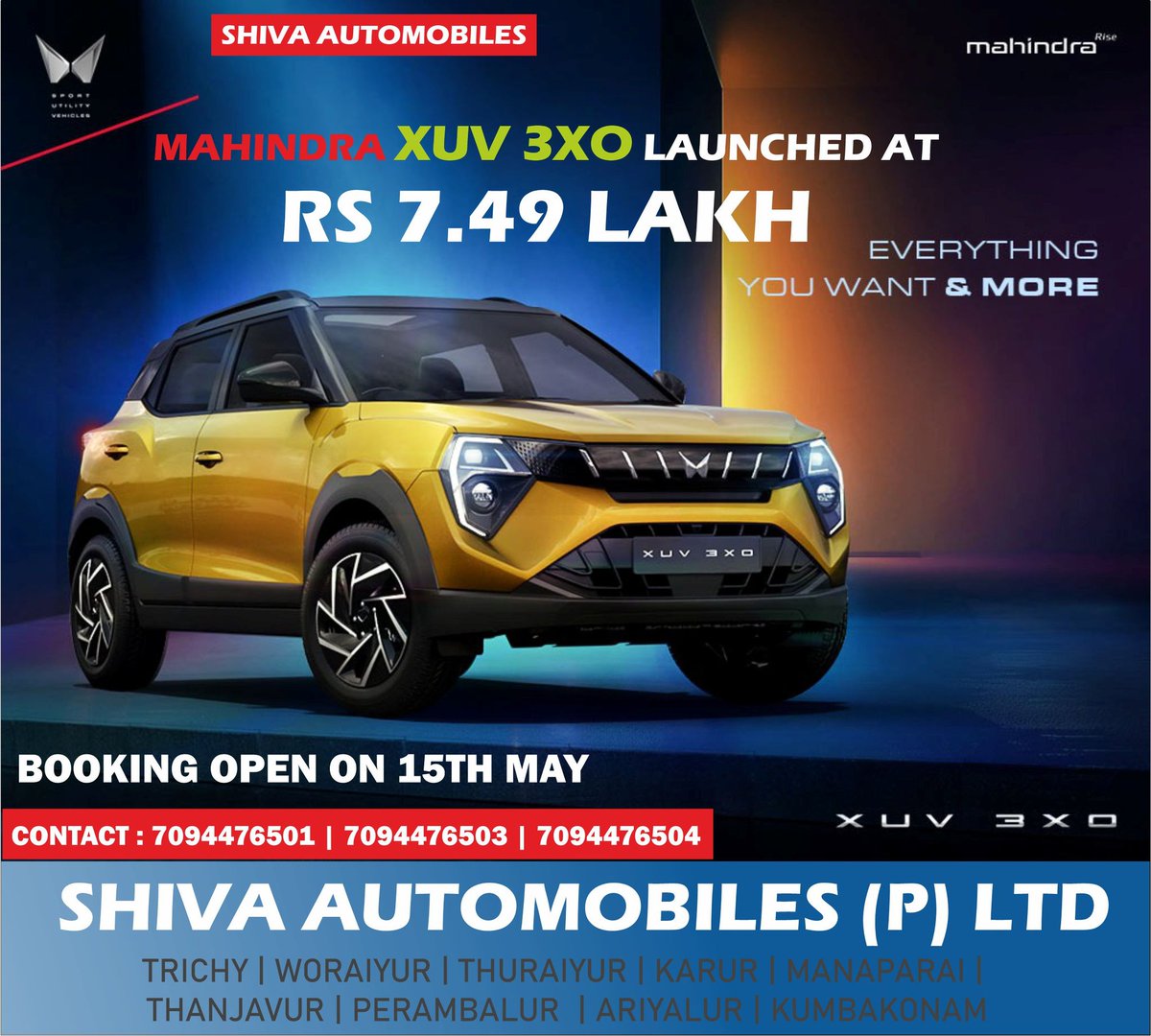 💥Welcome to Shiva Automobiles Mahindra  car showroom.
💥SHIVAAUTOMOBILES💥
#xuv3xo
Starting prize just 7.46LAKH
BOOKING DETAILS CONTACT 
7094476501 | 7094476503 | 7094476504
#shivaautomobiles #mahindra #trichy #manaparai #karur #ariyalur #pudukkottai #perambalur #thanjavur
