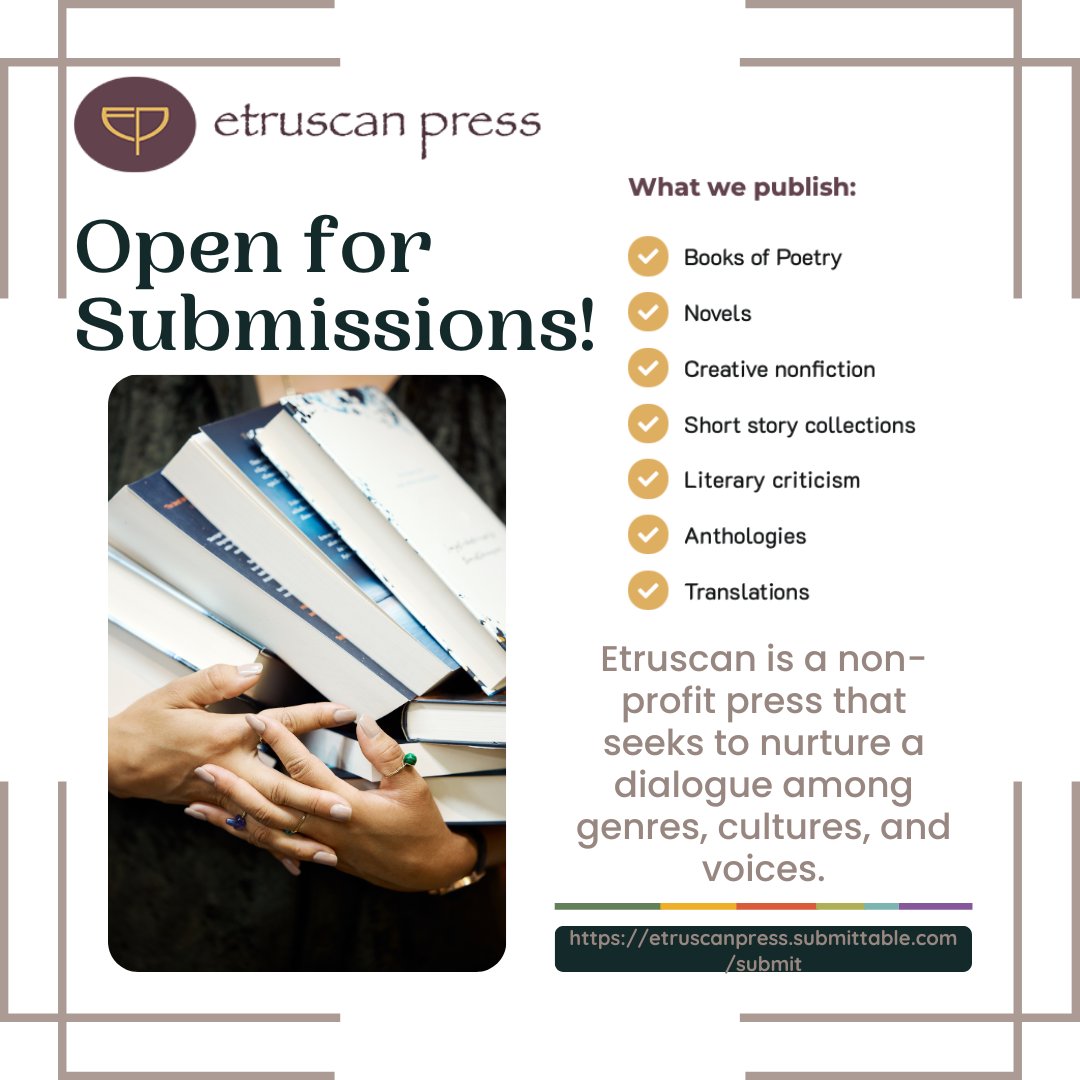 Etruscan Press is open for submissions! 📚 We're seeking fresh, diverse voices to enrich our catalog. Whether you're an emerging or established writer, we want to hear from you! 👉 Learn more and submit your work: etruscanpress.submittable.com/submit